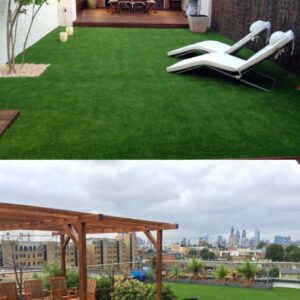 Artificial lawn shown in garden seating and rooftop terrace settings in the ILKESPORT catalogue