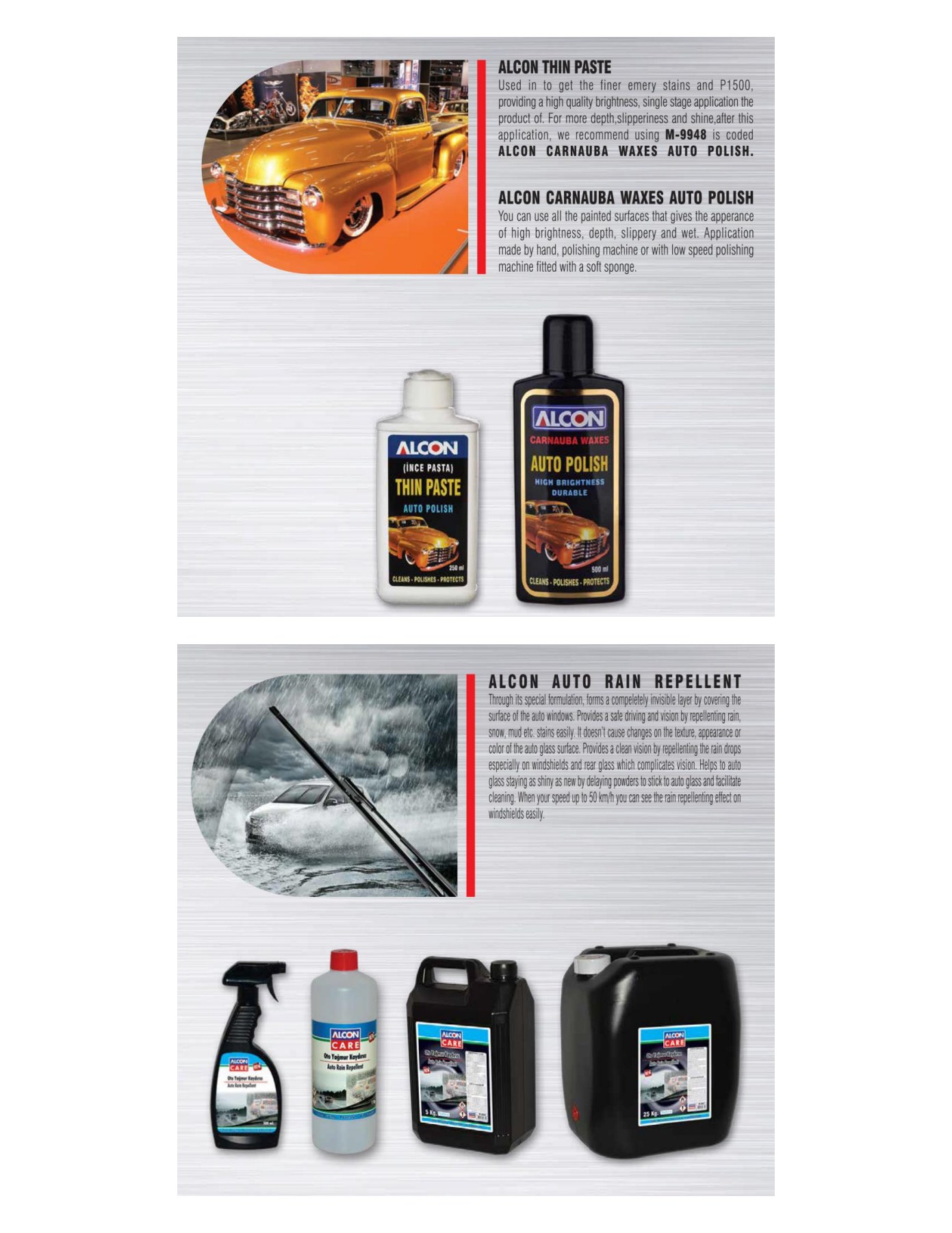 ALCON thin paste, carnauba wax polish and rain repellent catalogue references