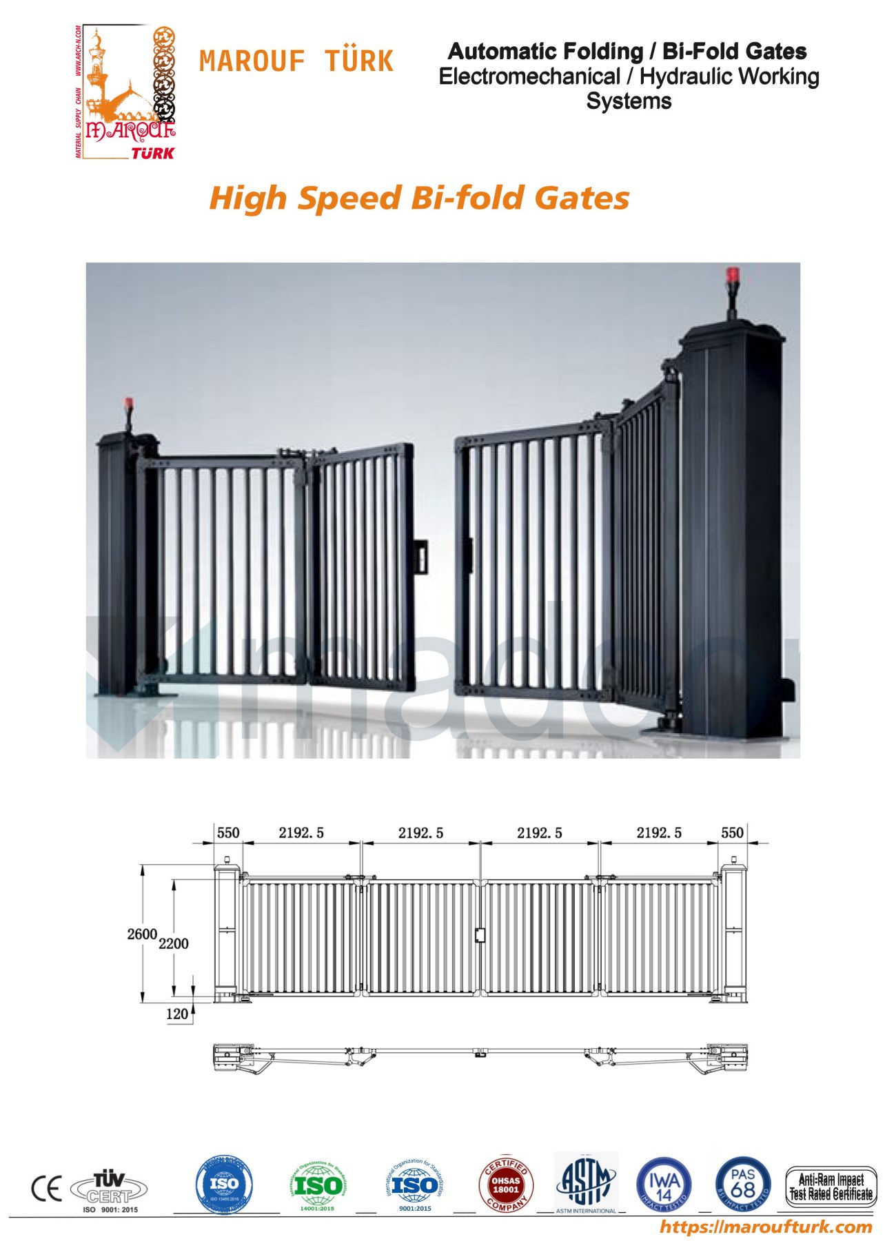 Automatic bi-fold steel gate and example dimensional drawing from the Madoors catalogue