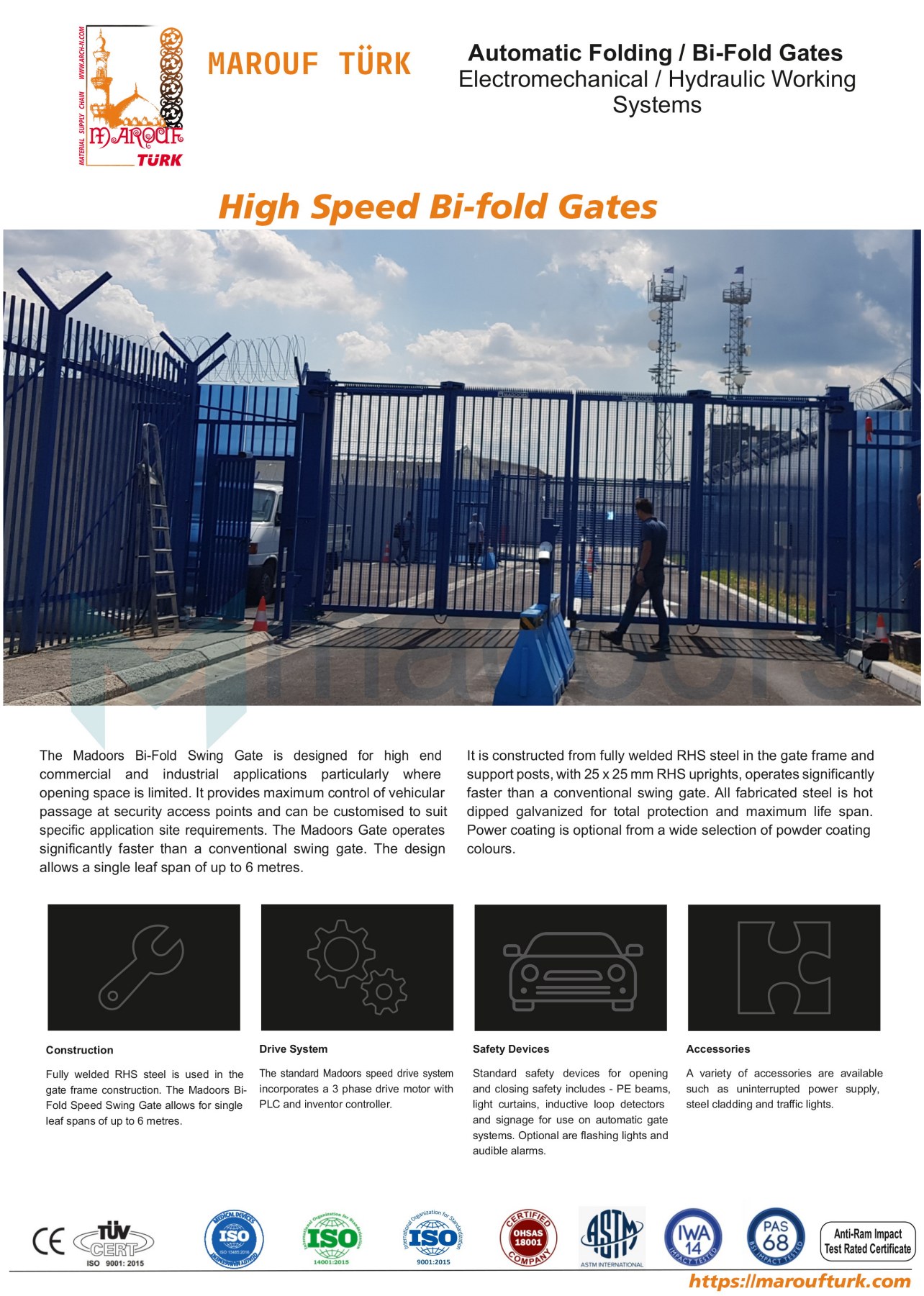 Installed Madoors steel bi-fold gate with construction and drive-system catalogue notes