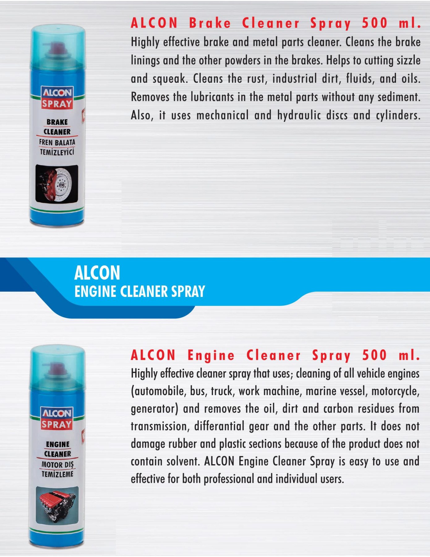 ALCON brake cleaner and engine cleaner in 500 ml aerosol packs