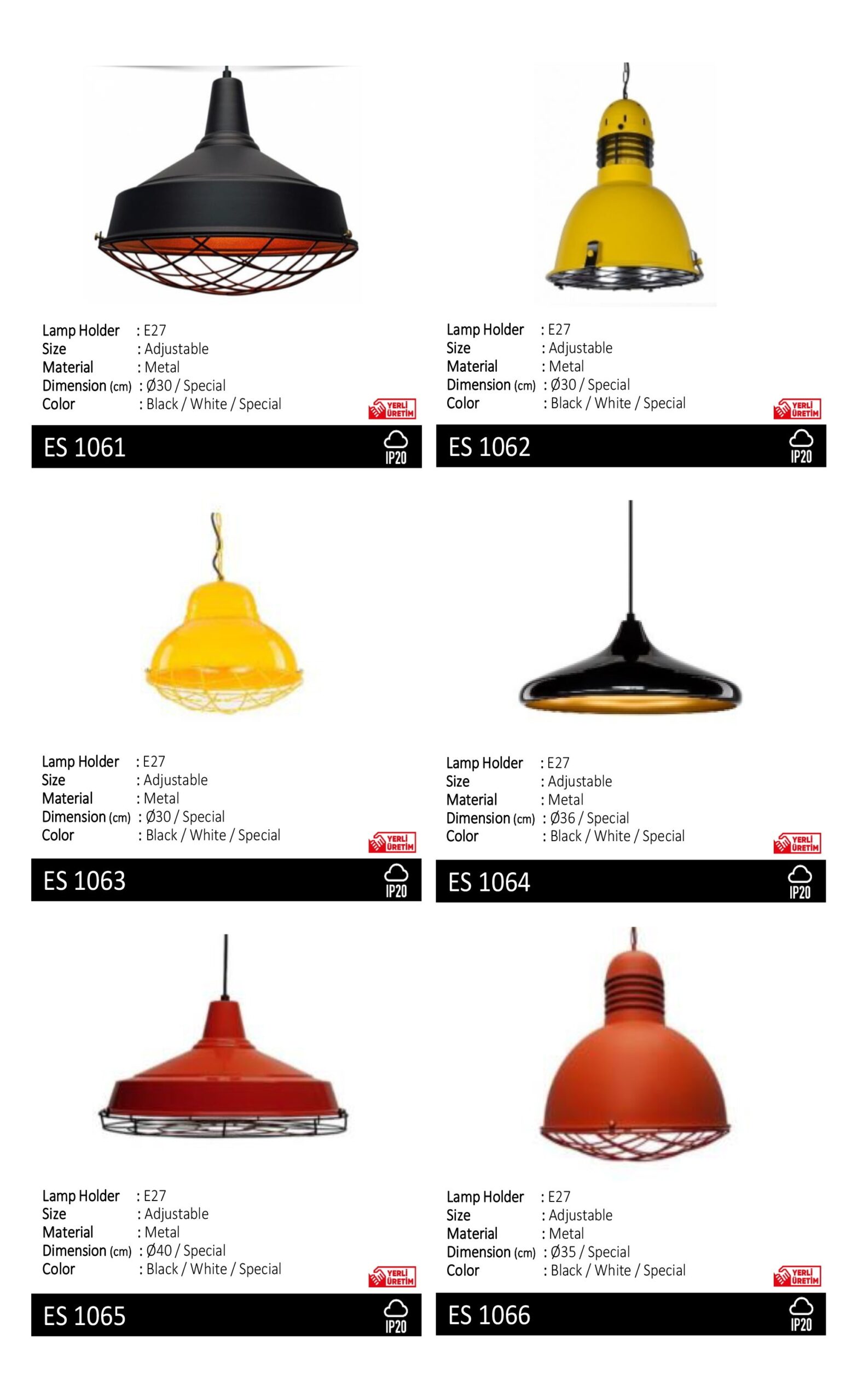 BRS decorative pendant lights in yellow, red and dark finishes