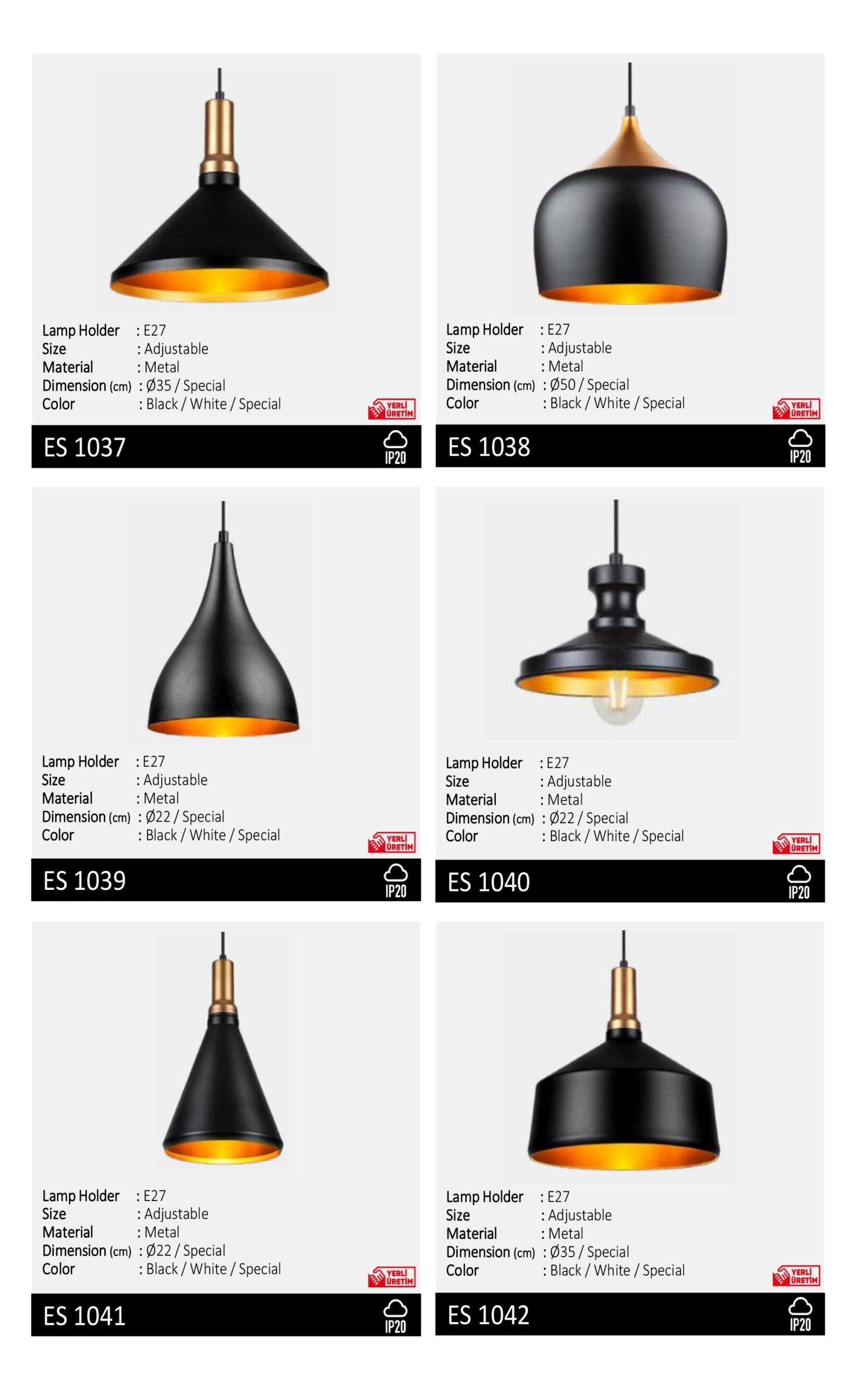 BRS metal pendant lights ES 1037 to ES 1042 with E27 lamp holders