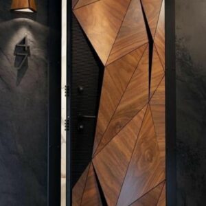 Entrance door with geometric wood-look panels and a long pull handle