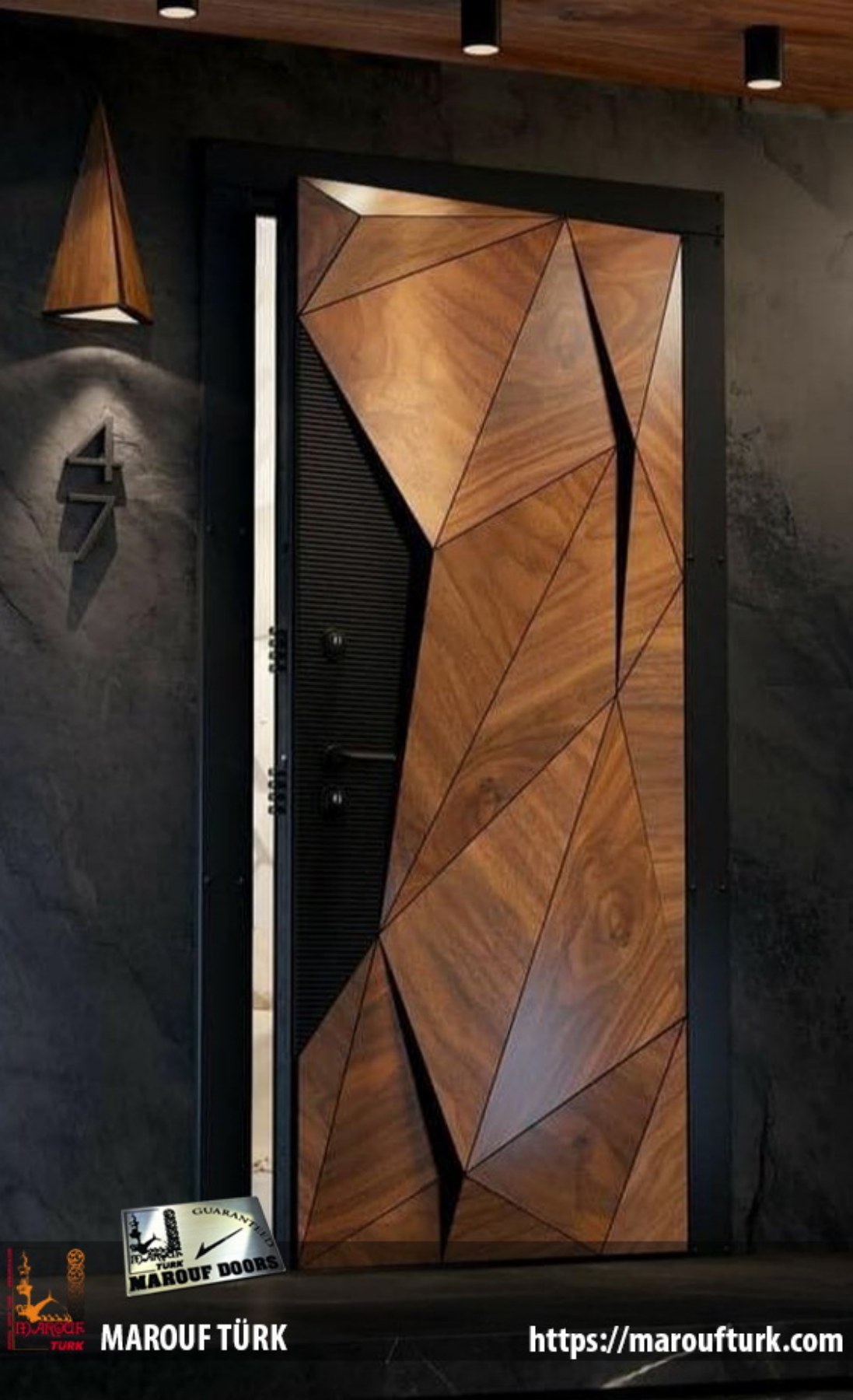 Entrance door with geometric wood-look panels and a long pull handle