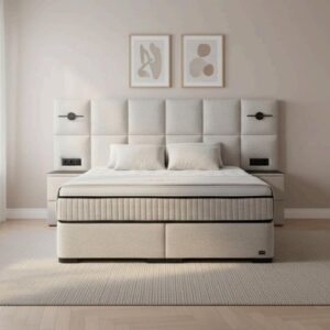 Upholstered hotel bed set with a wide padded headboard and matching base