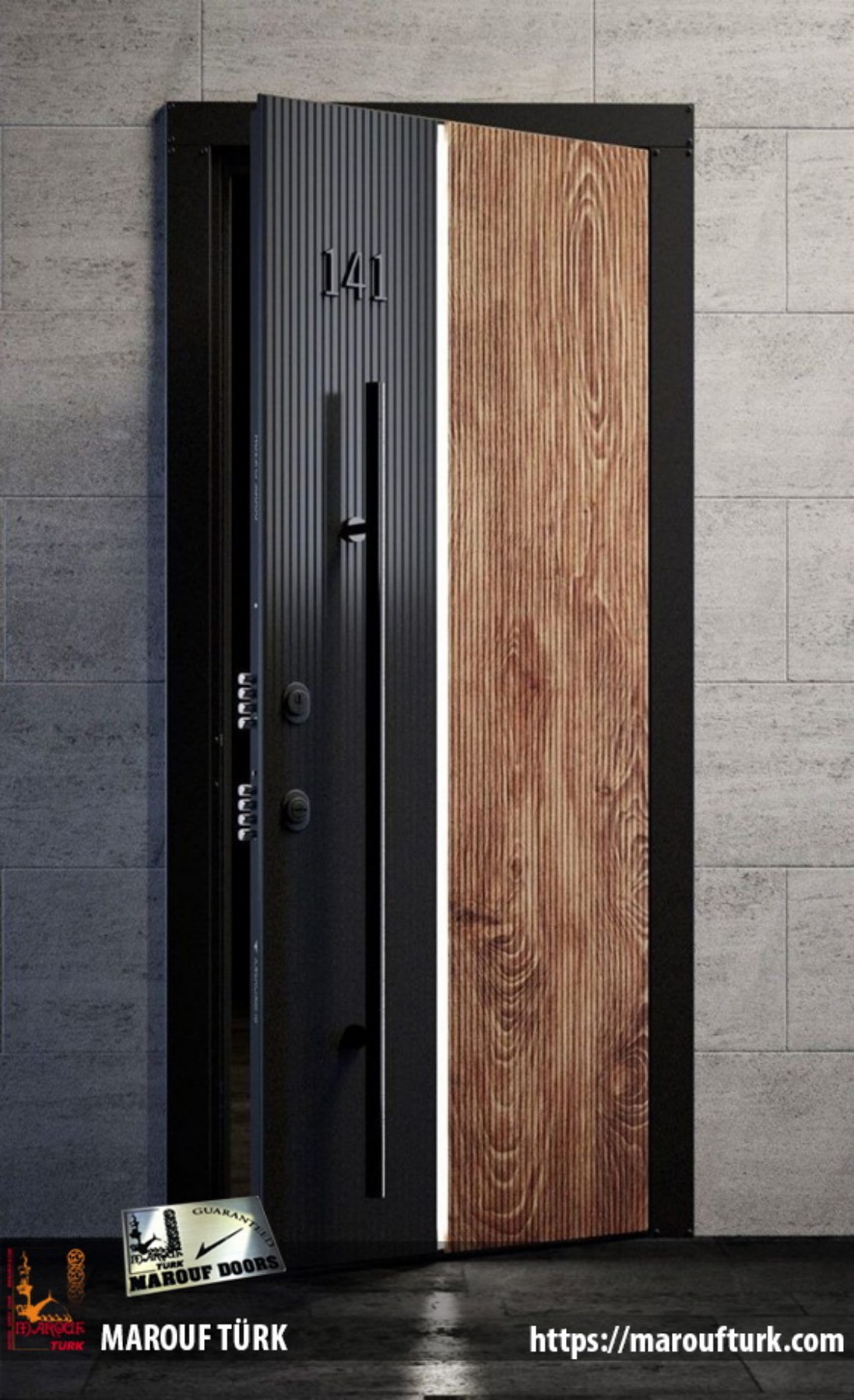 Hotel or apartment entrance reference combining wood-look and dark textured panels