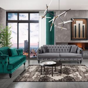 Green and grey button-tufted sofa group with coordinating armchair