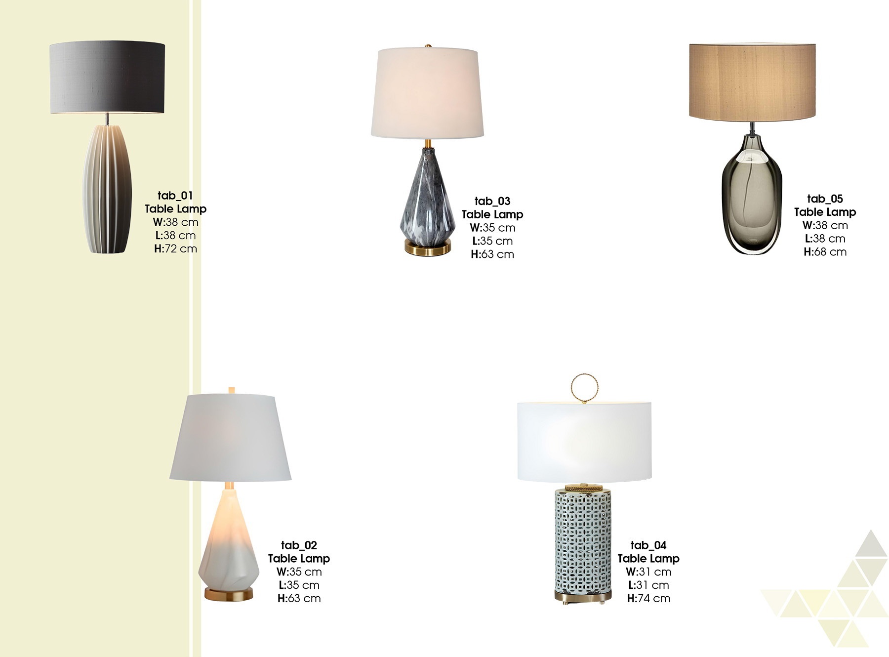 Luxury shaded table lamps including models tab_01 to tab_05