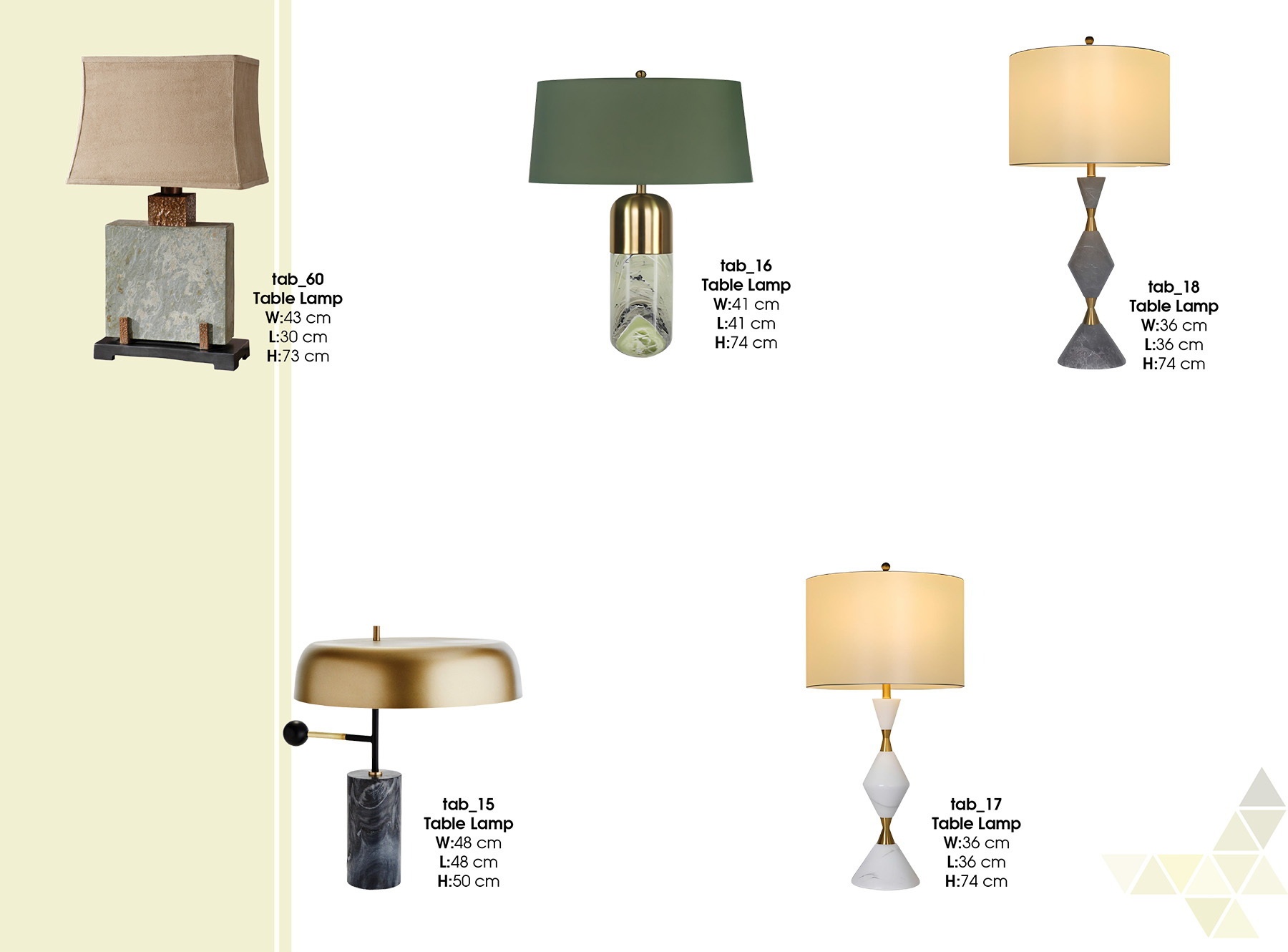 Table lamp references with geometric bases and varied shade shapes