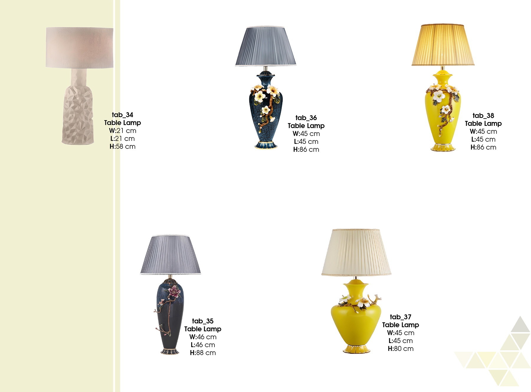 Colourful ornamental table lamps with blue and yellow base designs