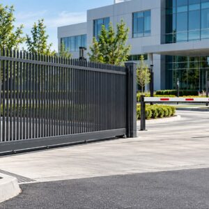 Metal fence and automated barrier system for commercial project entrance