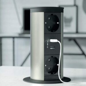 Metallic Tower-Line retractable desk power module with two sockets and USB charging