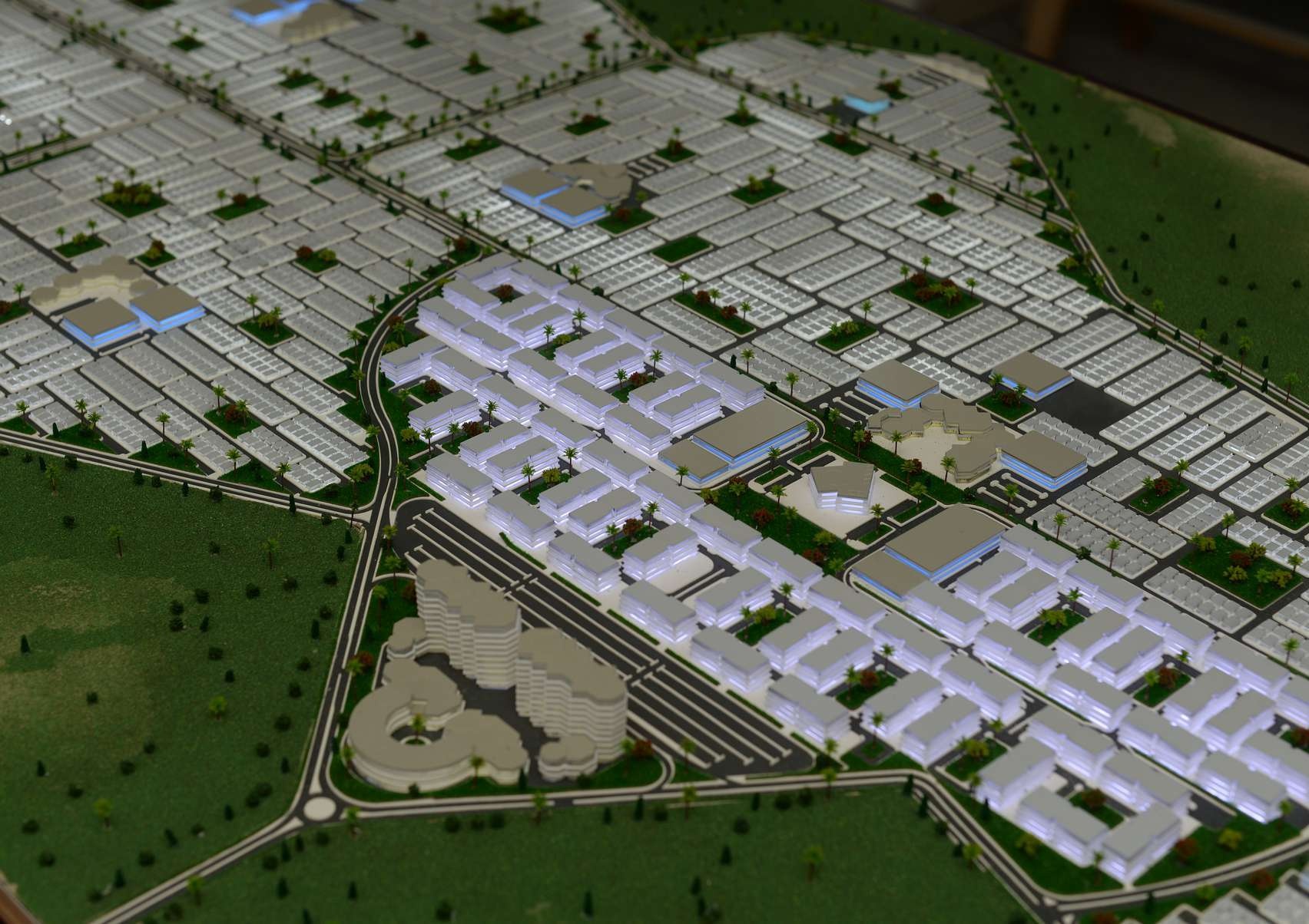 Large master plan scale model showing buildings, roads and landscape