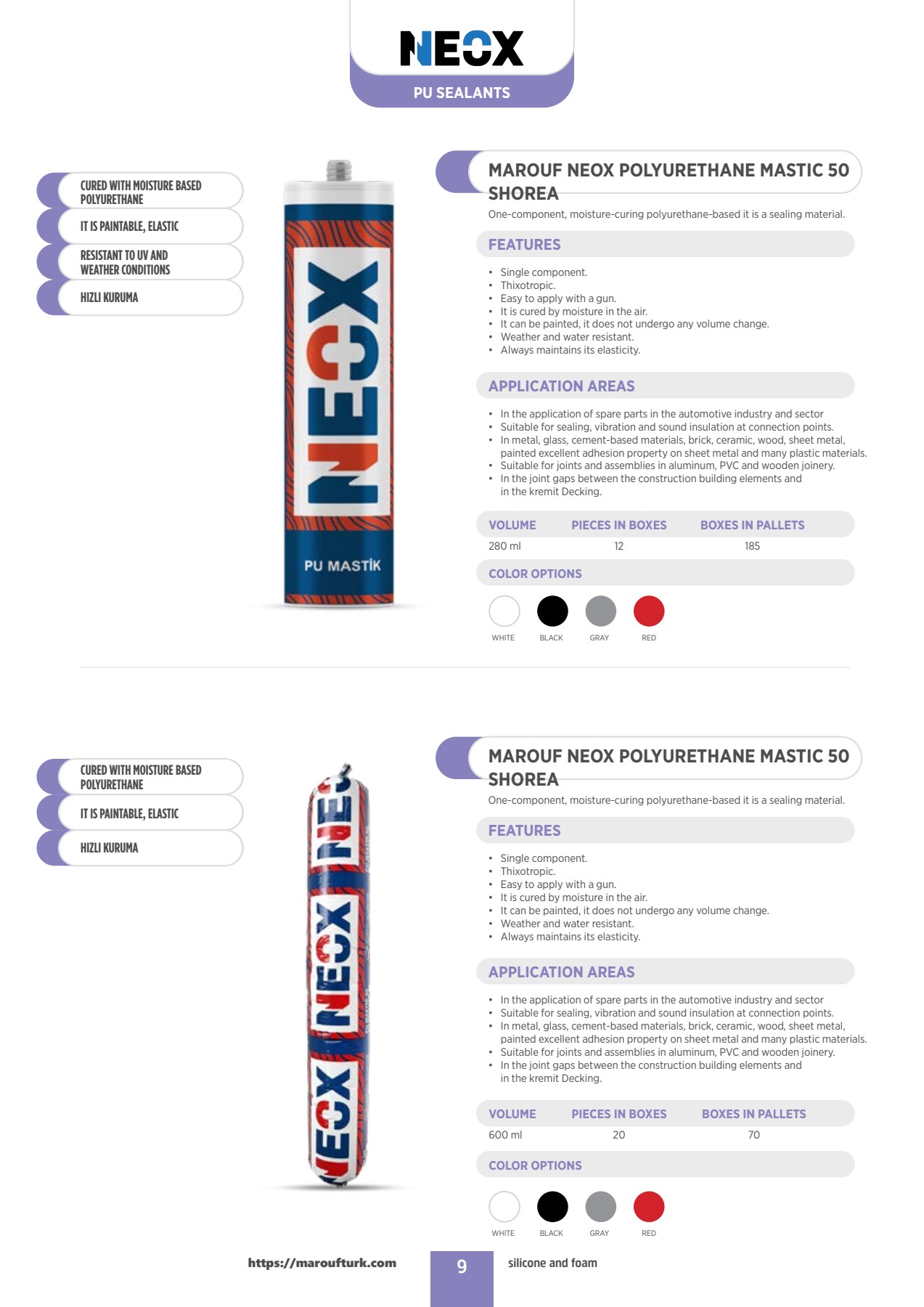 NEOX 50 Shore A polyurethane mastic in cartridges and 600 ml sausages