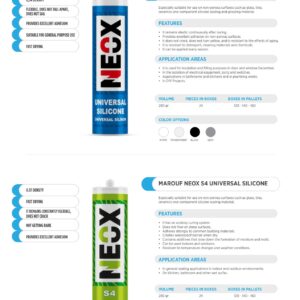 NEOX S2 and S4 universal silicone sealants with catalogue colours and packaging