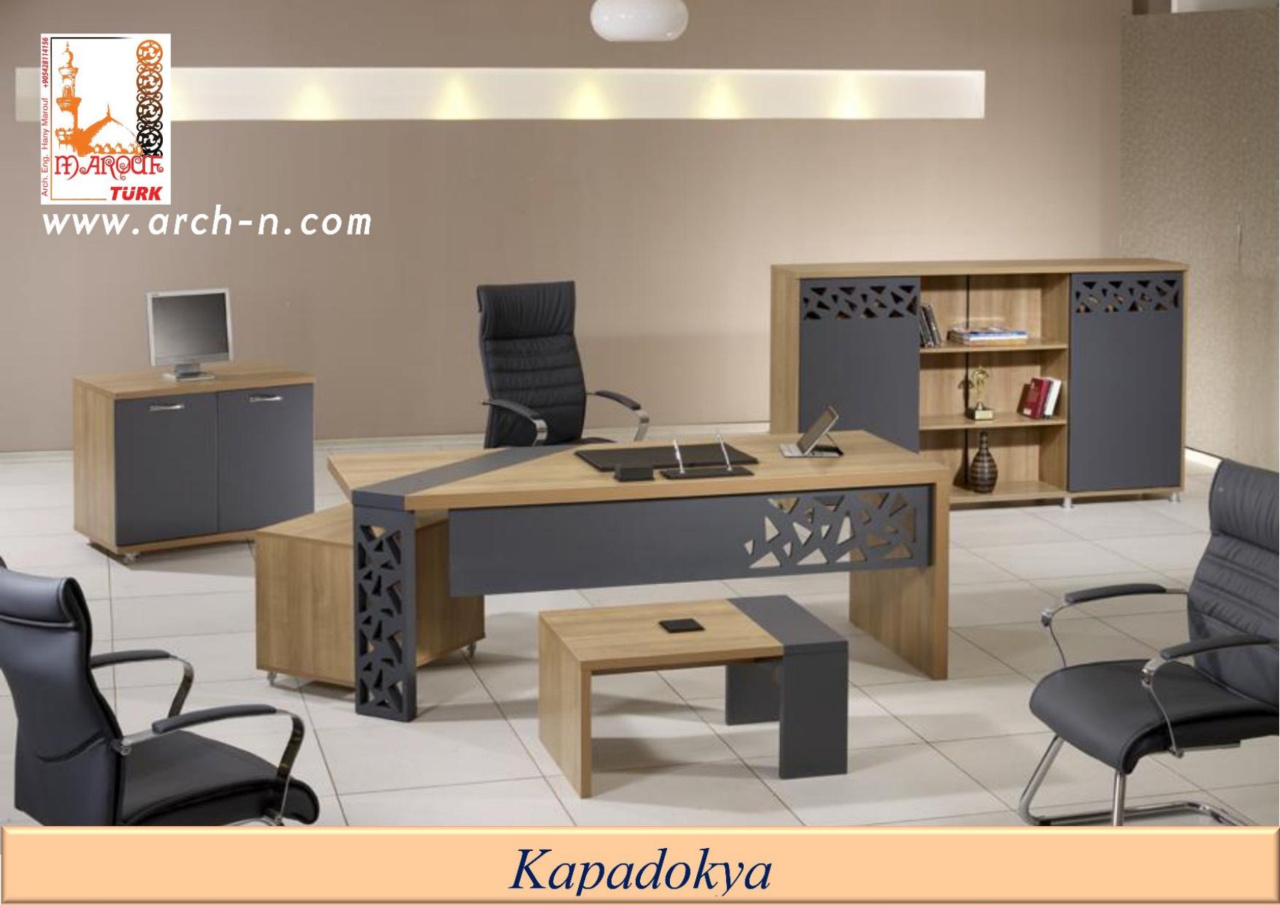 Kapadokya office desk and cabinet set with geometric cut-out panels