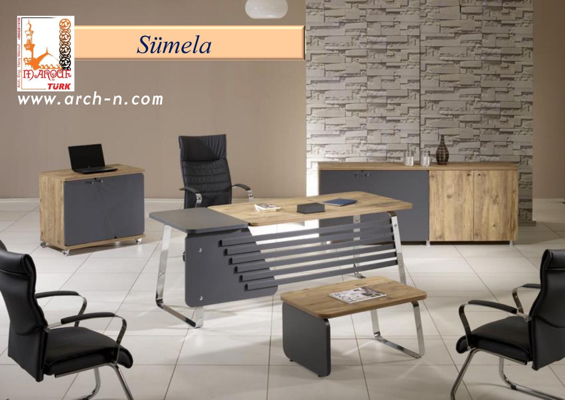 Sumela office desk with open slatted front and coordinating storage