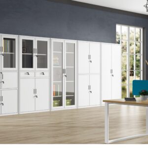 Office file cabinets with glazed and solid doors, shelves and drawer combinations