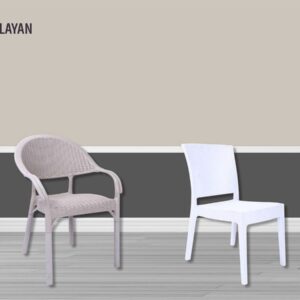Four plastic chair and armchair designs in dark, light and grey finishes