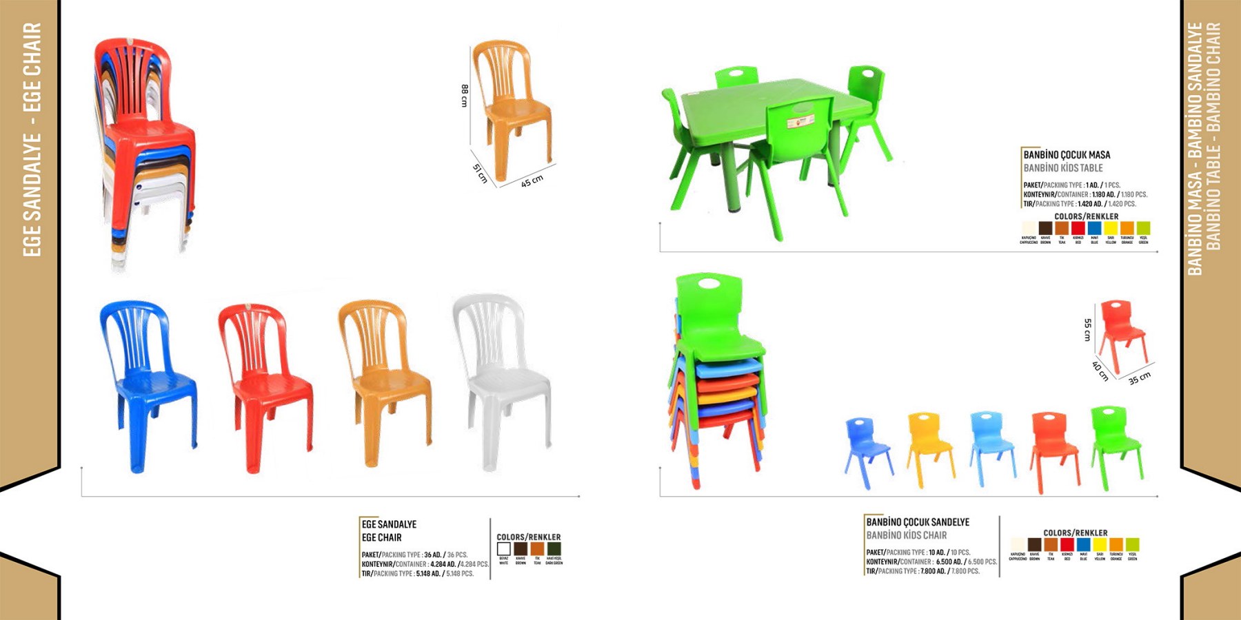 Ece chairs and junior chair-and-table arrangements shown in multiple catalogue colours
