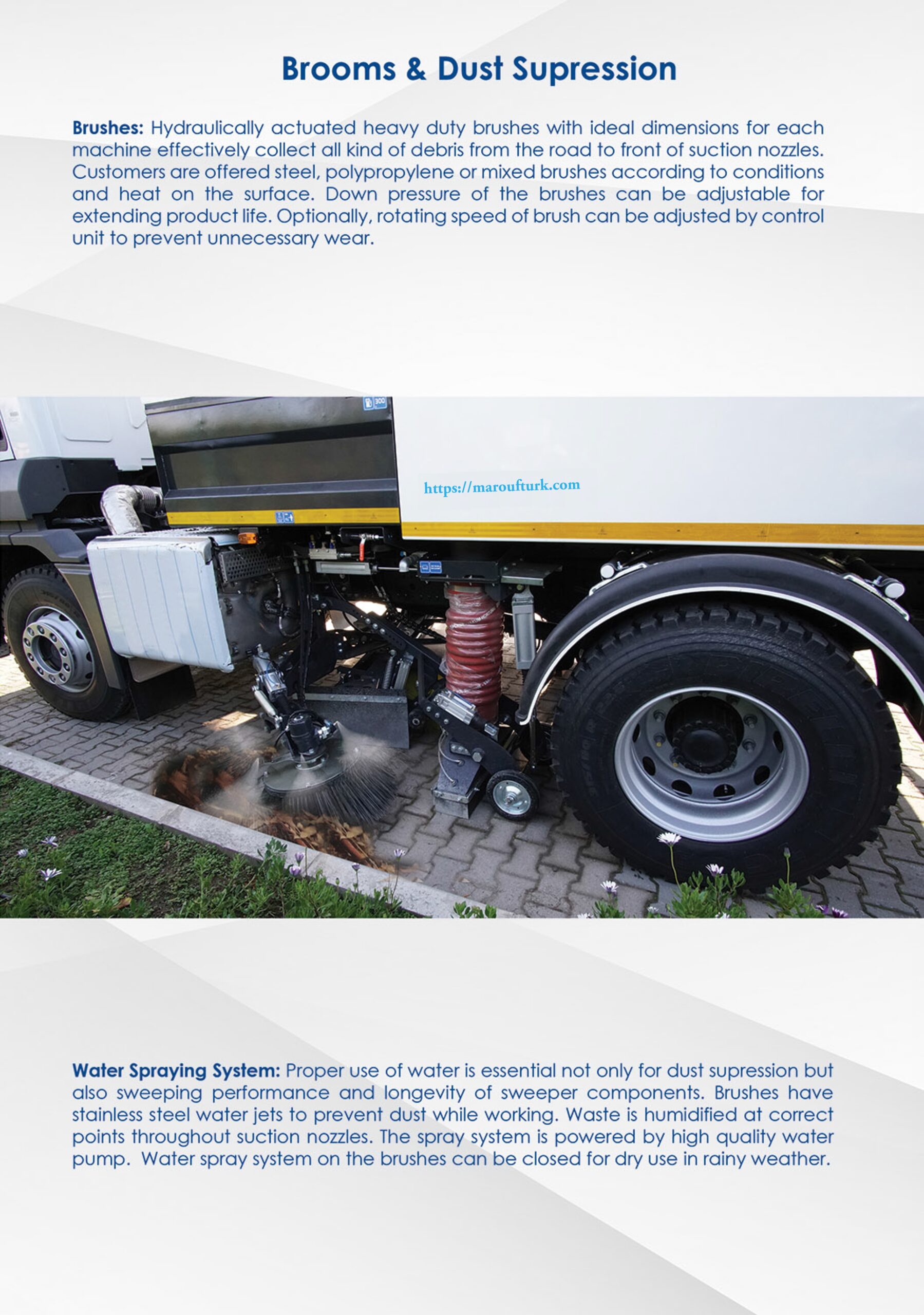 Road sweeper brush arrangement and dust suppression reference