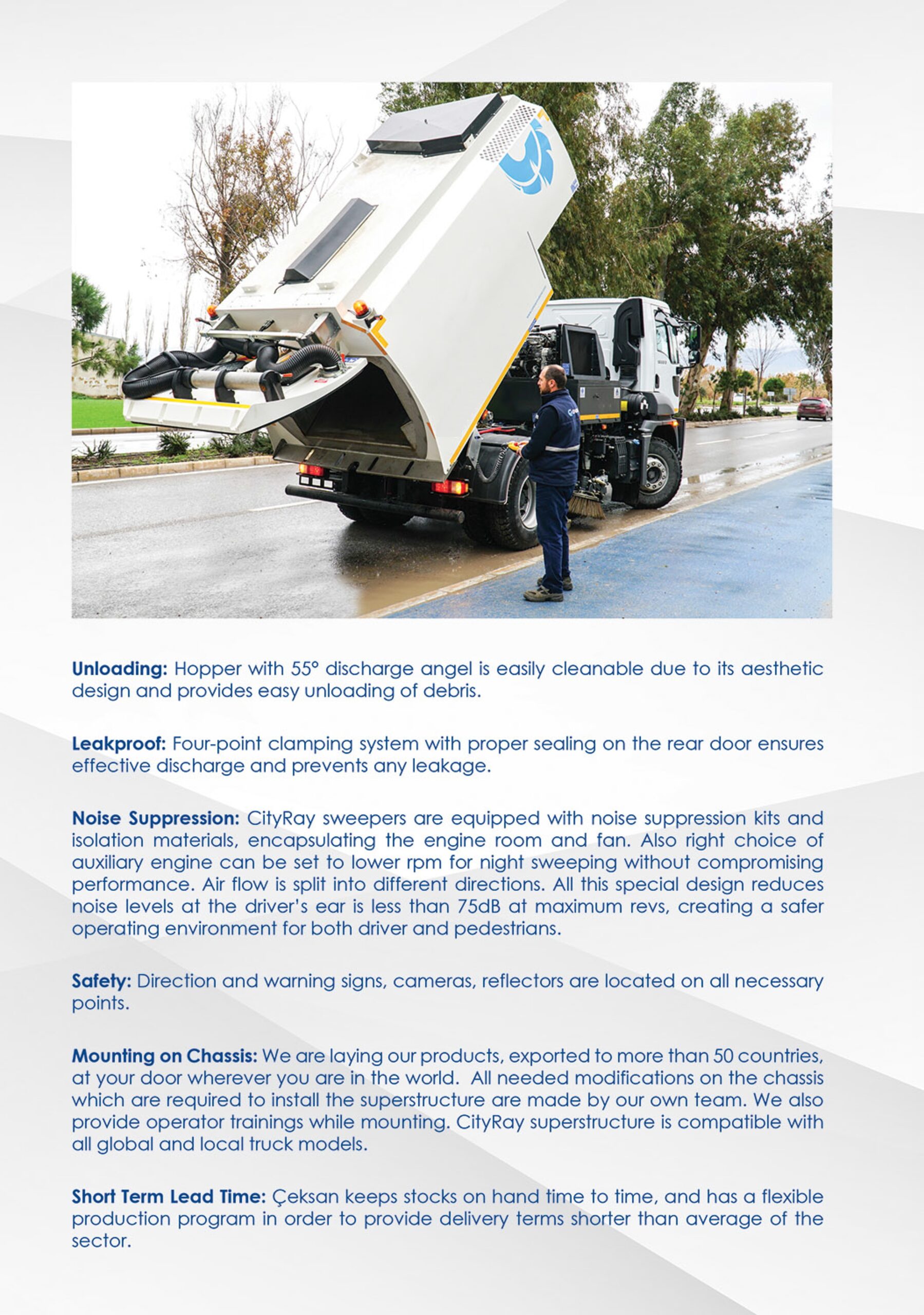 Road sweeper with raised hopper showing discharge arrangement
