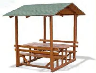 Roofed timber picnic table with integrated bench seating