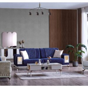 Sedef E-110 blue velvet sofa set with grey armchairs