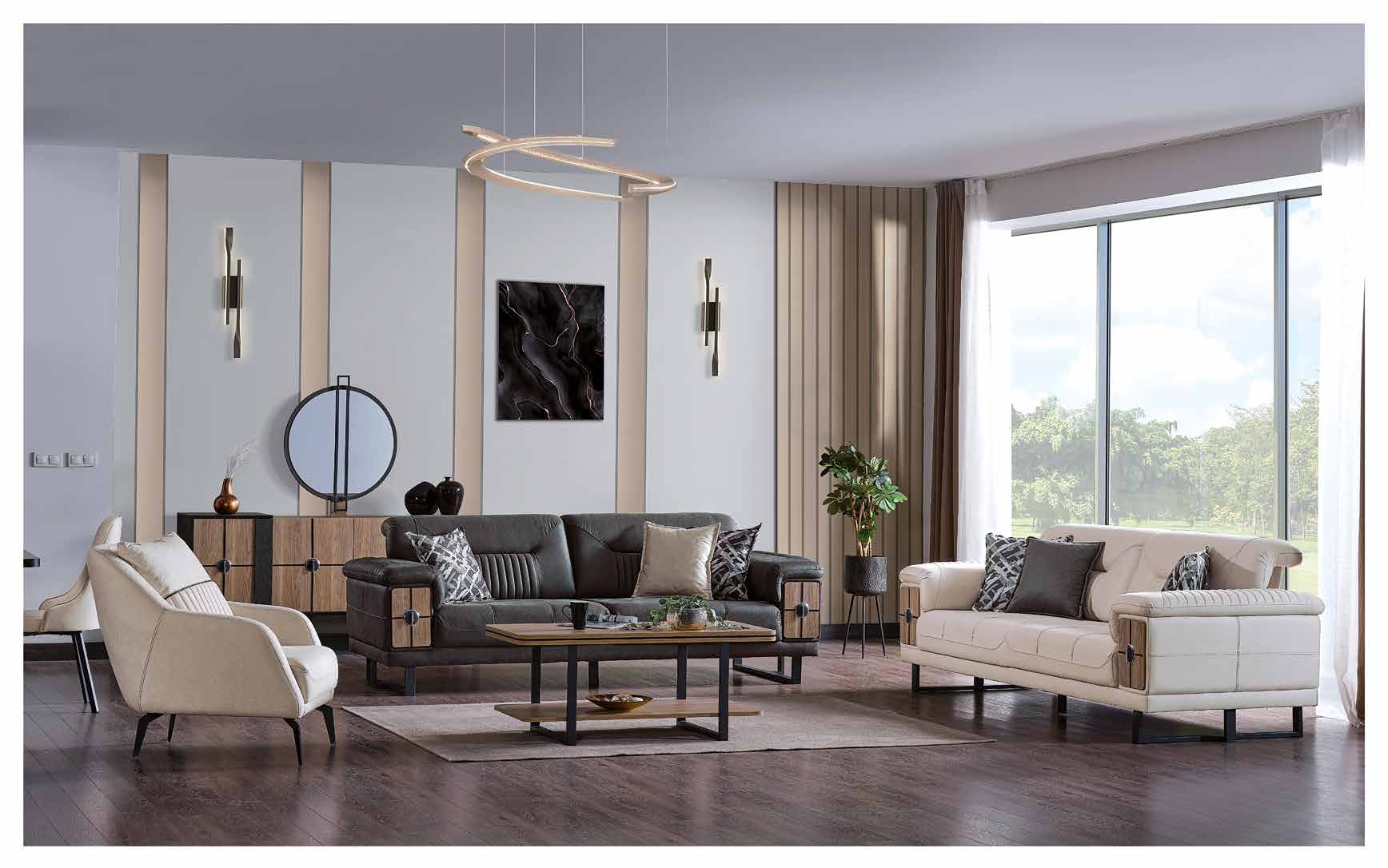 Plus E-104 contemporary sofa set in black and ivory upholstery