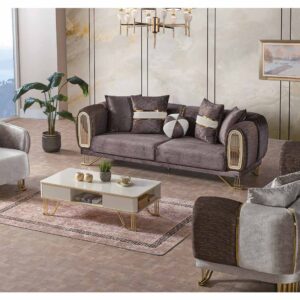 Valence E-102 luxury sofa set with grey upholstery and gold details
