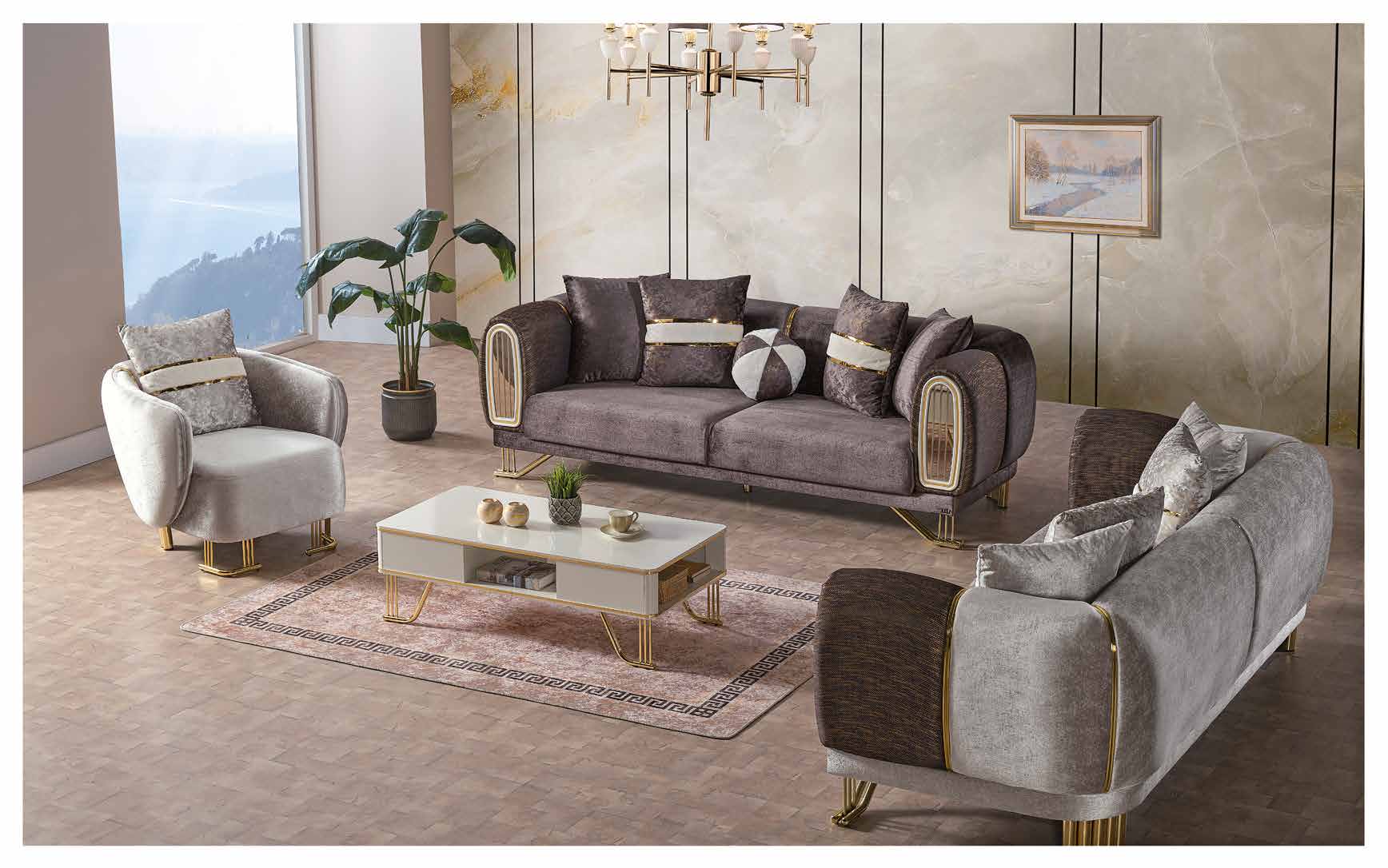 Valence E-102 luxury sofa set with grey upholstery and gold details