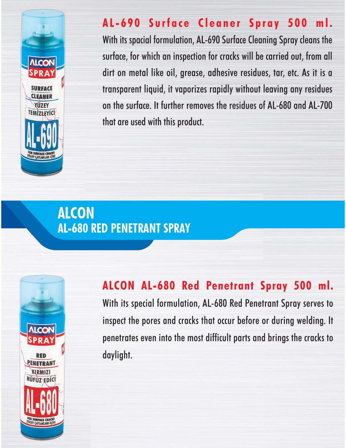 ALCON AL-690 surface cleaner and AL-680 red penetrant inspection sprays