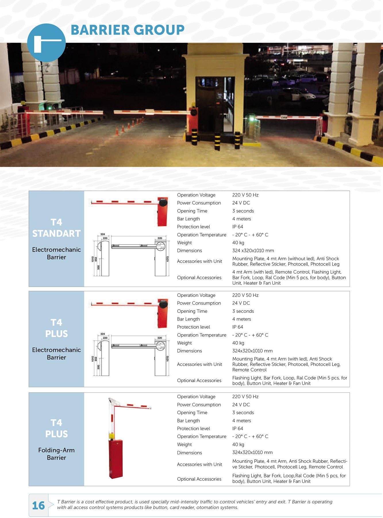 T4 Standard, Plus and folding-arm gate barriers with 4 m boom references