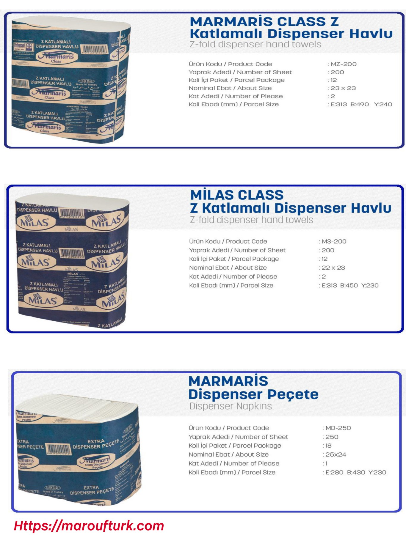 Marmaris and Milas Z-fold dispenser hand towels and Marmaris dispenser napkins