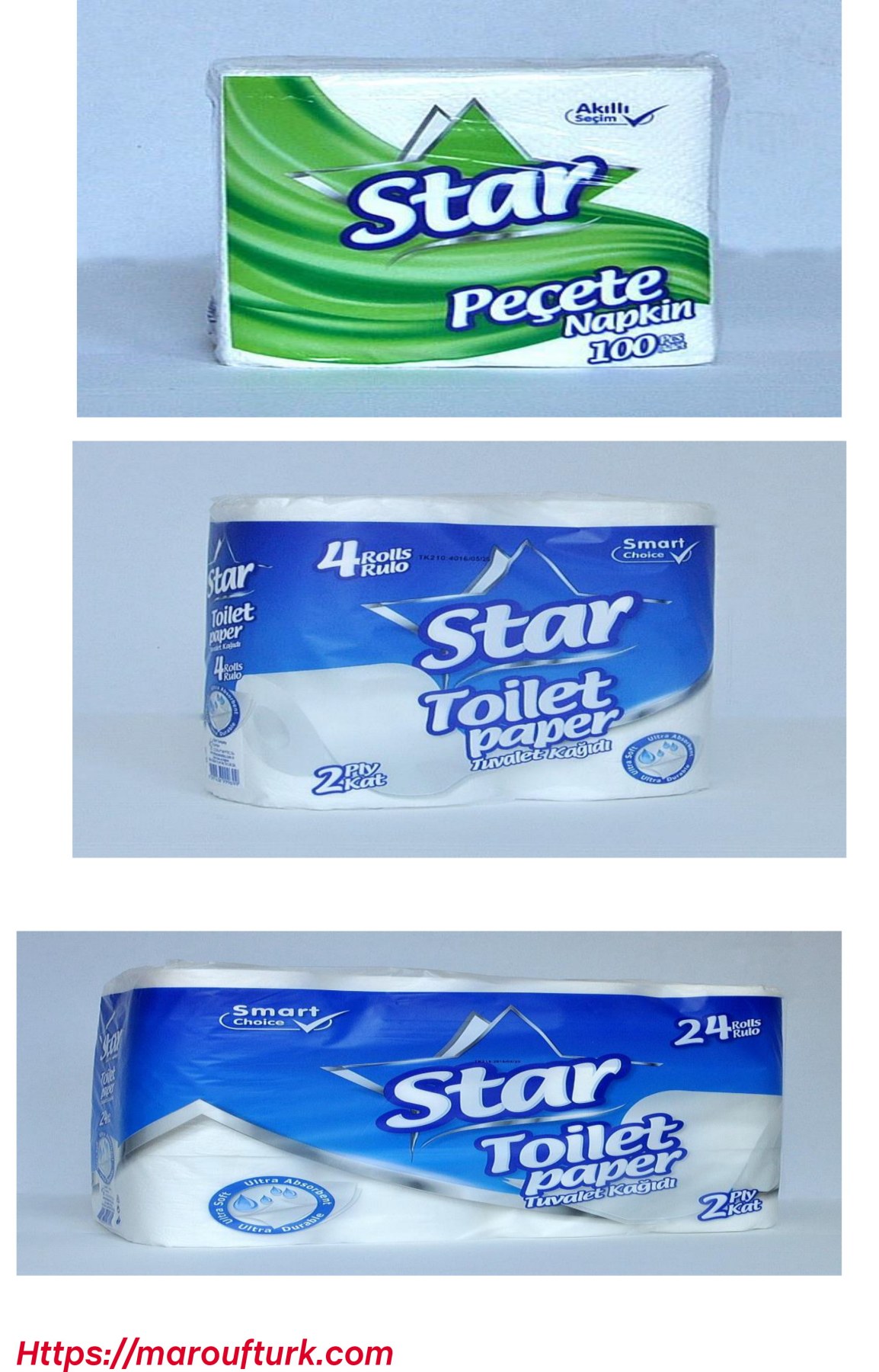 Star napkins and four-roll and twenty-four-roll toilet paper packs shown in the Marouf catalogue