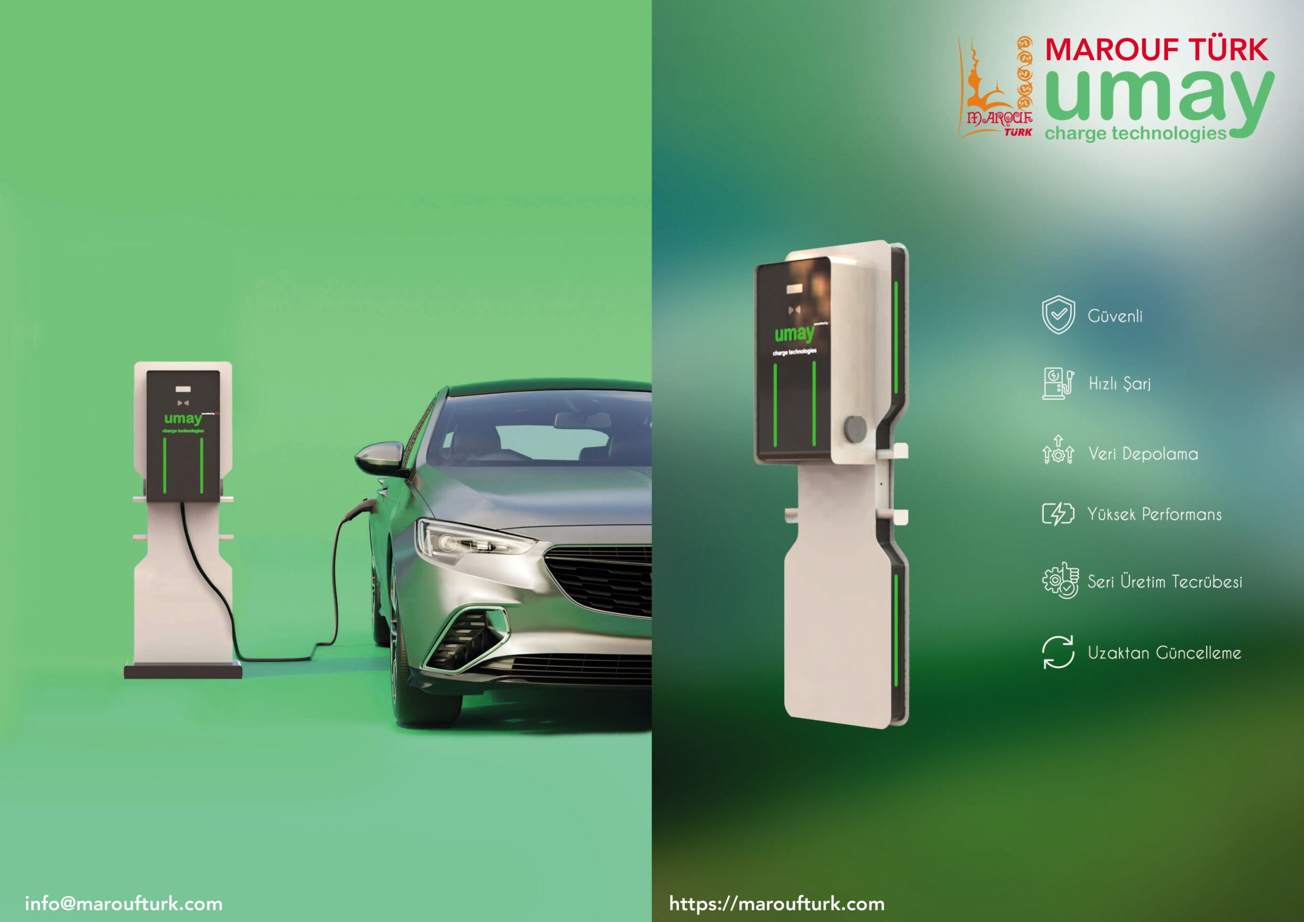 Umay compact EV charger shown on a pedestal beside a car