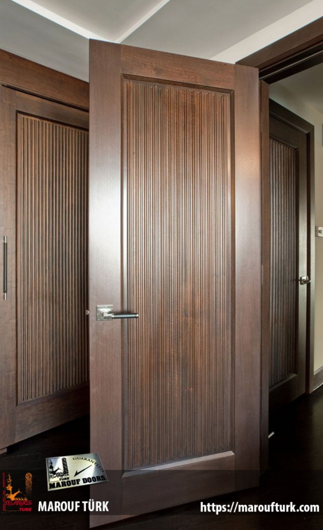 Wood-grain interior door design with vertical detailing