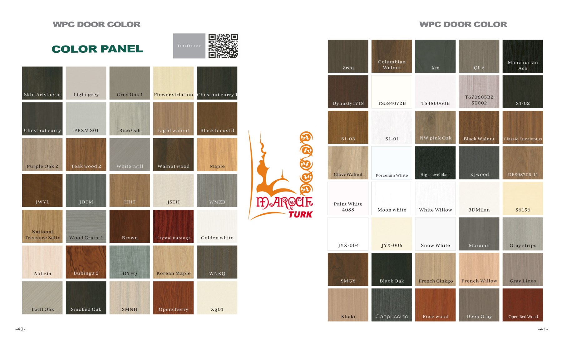 WPC door catalogue colour chart with wood-grain and plain finish references