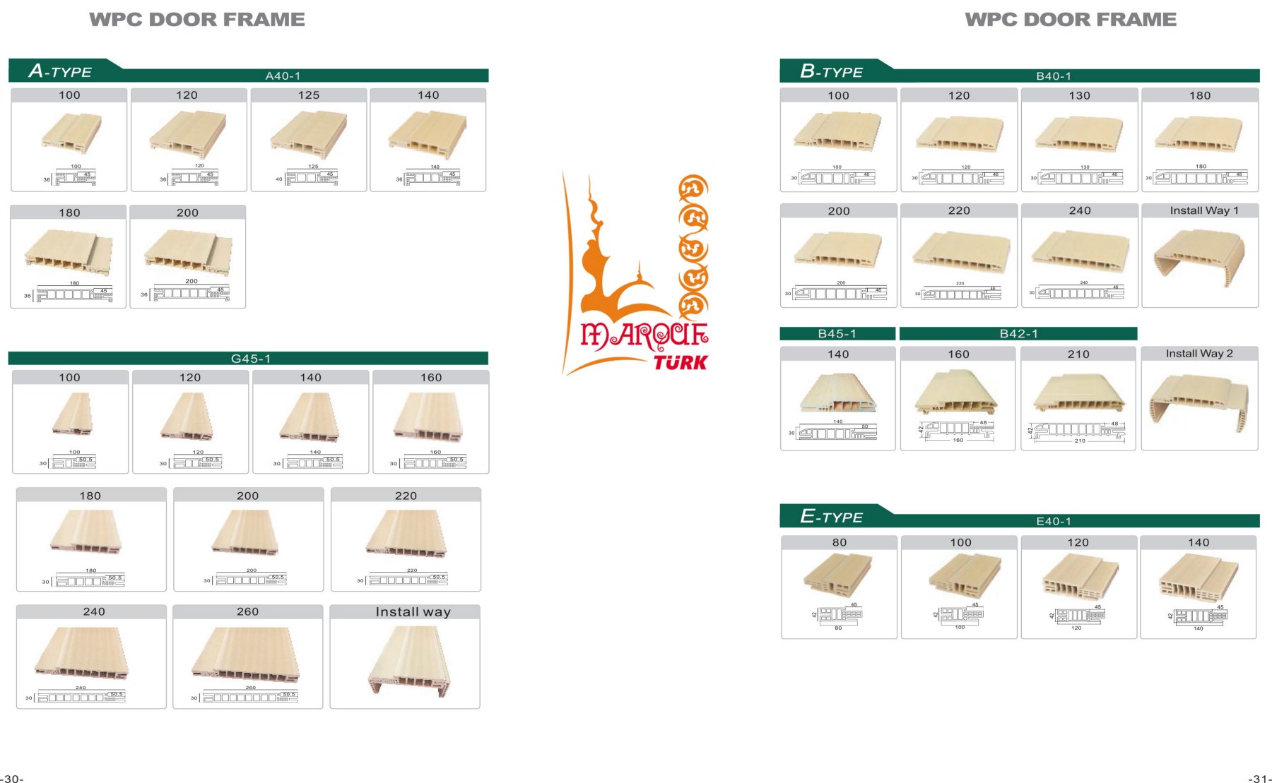 WPC door-frame profile sections and dimensioned catalogue references