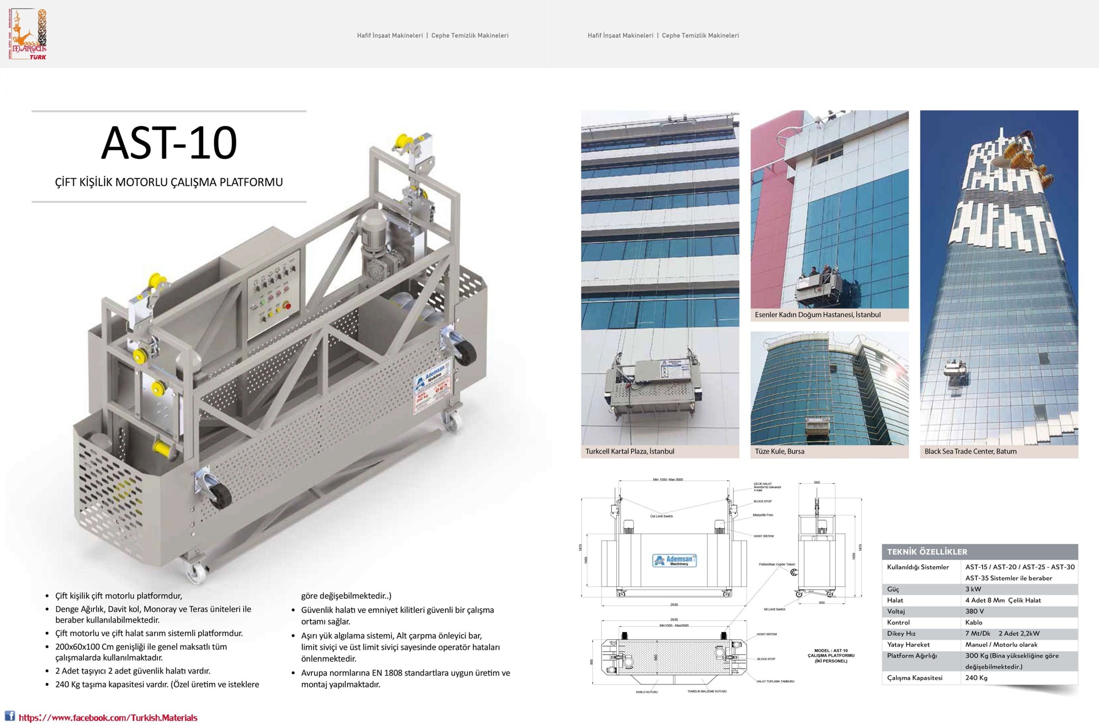 AST-10 two-person motorized working platform with drawings and façade access examples