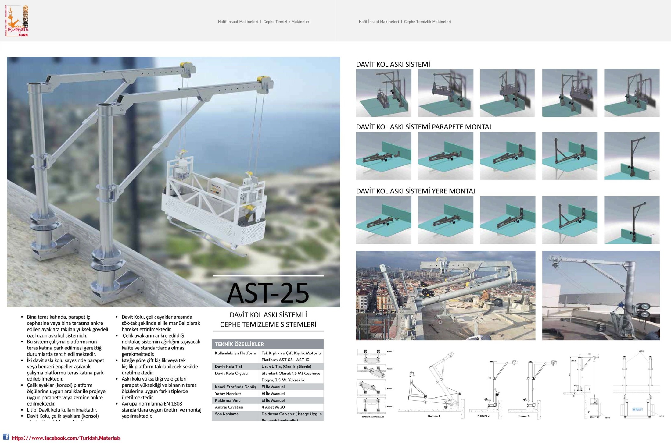 AST-25 davit-arm suspension system showing platform and roof or parapet mounting arrangements
