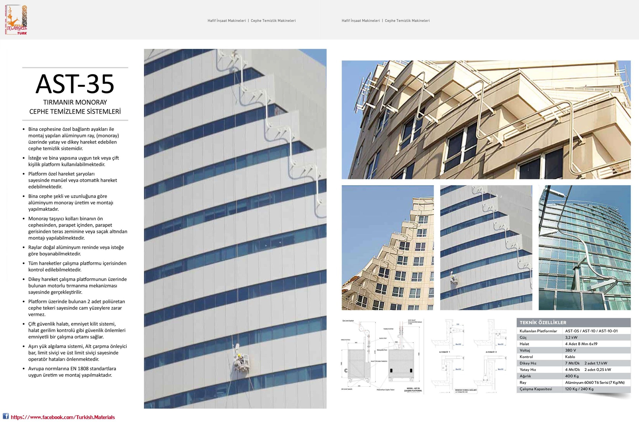 AST-35 climbing monorail façade cleaning arrangement with installed building examples