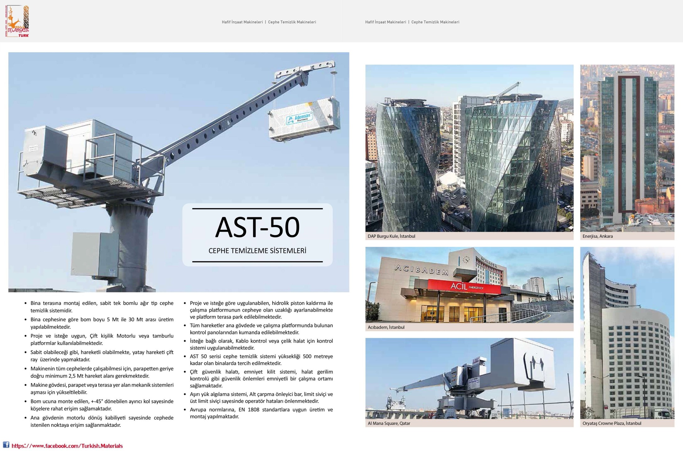 AST-50 roof-mounted façade access machine with suspended platform and building examples