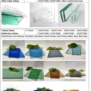 Clear and ultra-clear glass thicknesses with tinted and reflective colour samples