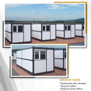 Assembled collapsible container units with doors and windows in an outdoor yard