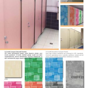 G-Com compact HPL WC cubicles, urinal screens and lockers with patterned colour samples