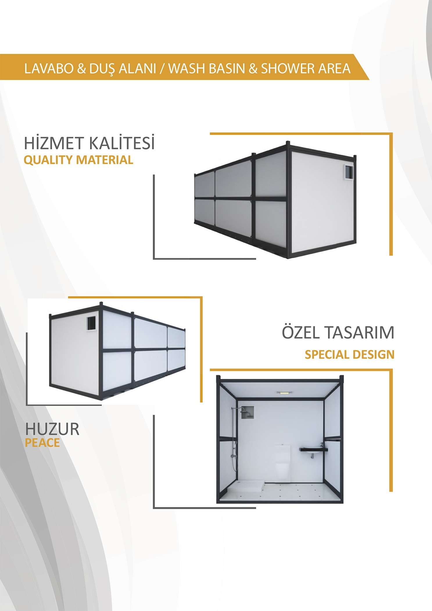 Catalogue views of a container layout with a washbasin and shower area