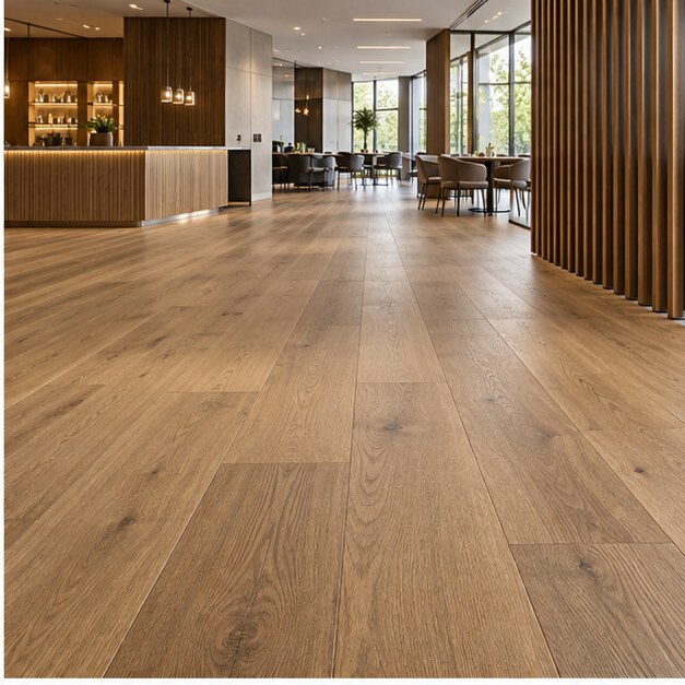 Engineered wood flooring in a modern hospitality interior