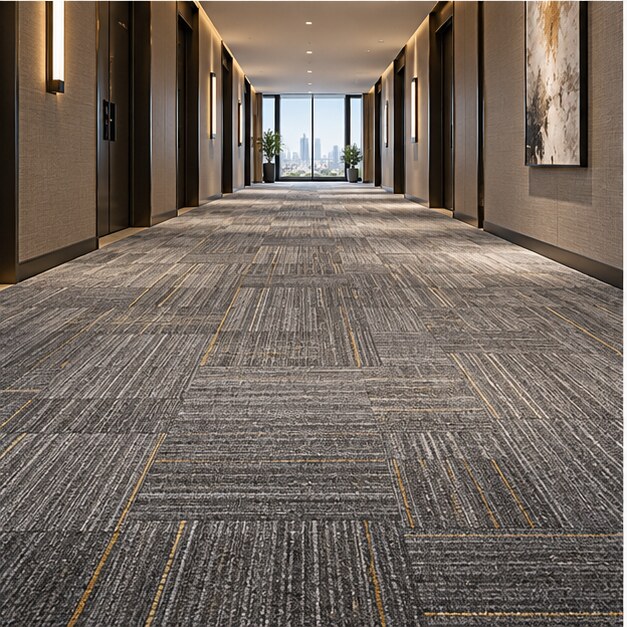 Commercial carpet tile flooring in a contemporary hotel corridor